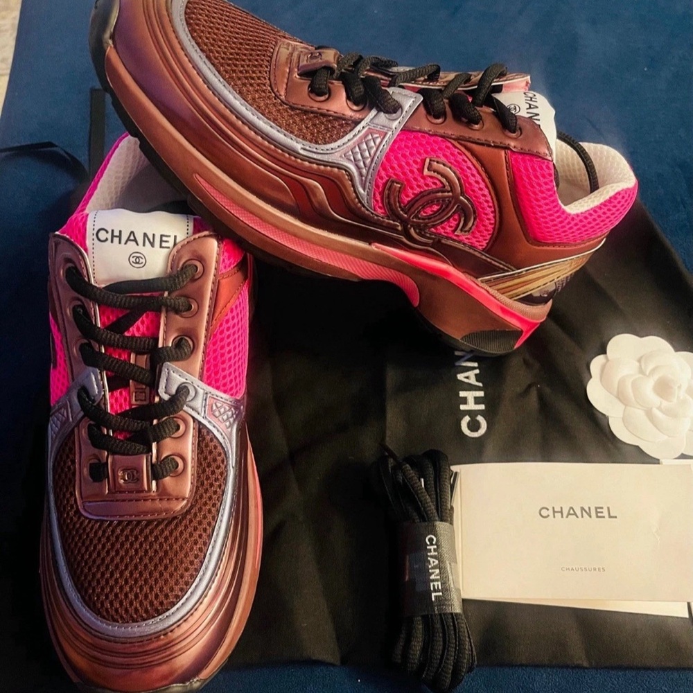 CHANEL Women's Pink and Brown Sneakers - Picture 2 of 3